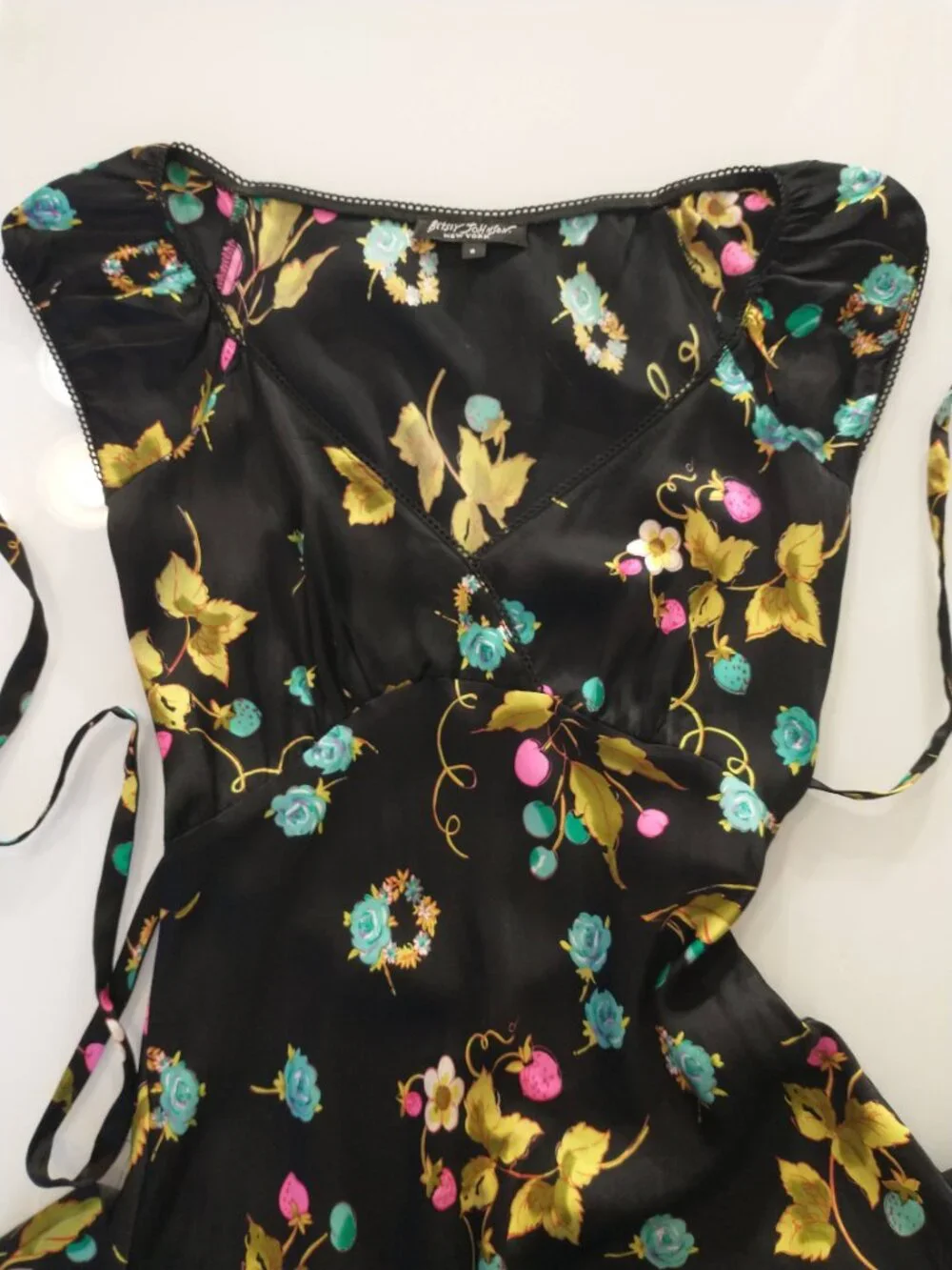 VTG 90s Betsey Johnson Black Silk Cherry Strawberry Floral Fruit Slip Midi Dress